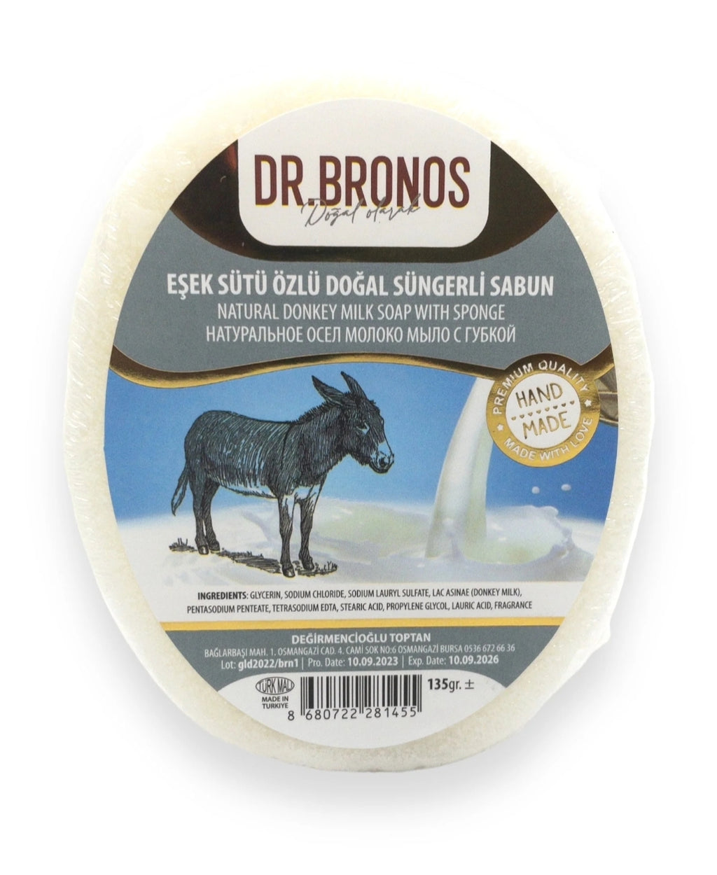 Dr. Bronos Natural Donkey Milk Soap with Sponge, 135gr