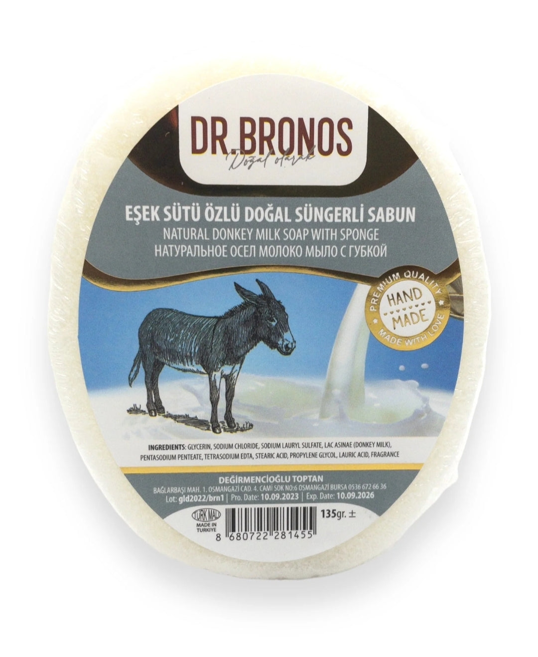 Dr. Bronos Natural Donkey Milk Soap with Sponge, 135gr