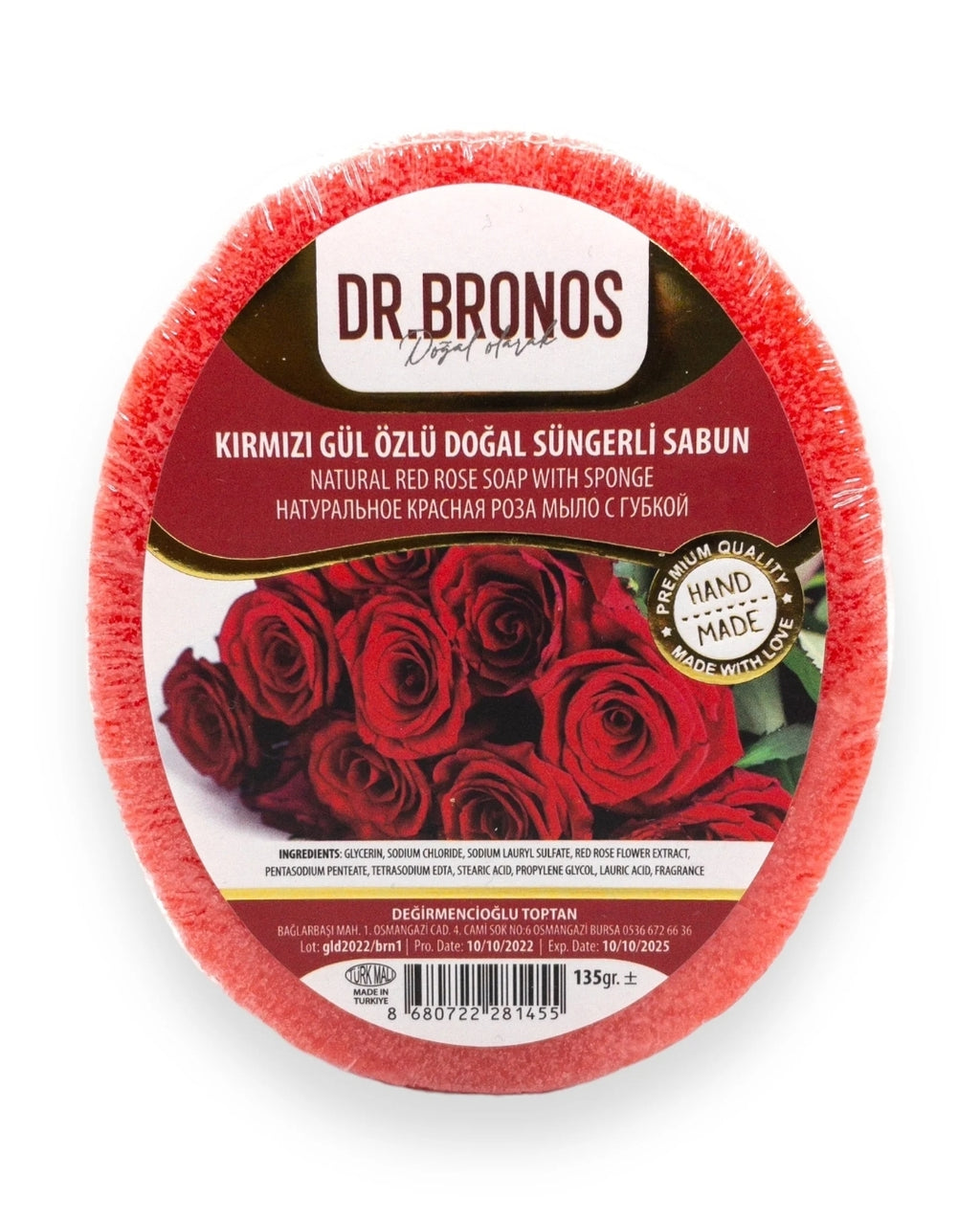 Dr. Bronos Natural Red Rose Soap with Sponge, 135gr