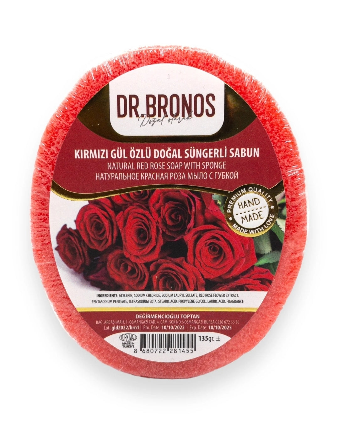 Dr. Bronos Natural Red Rose Soap with Sponge, 135gr