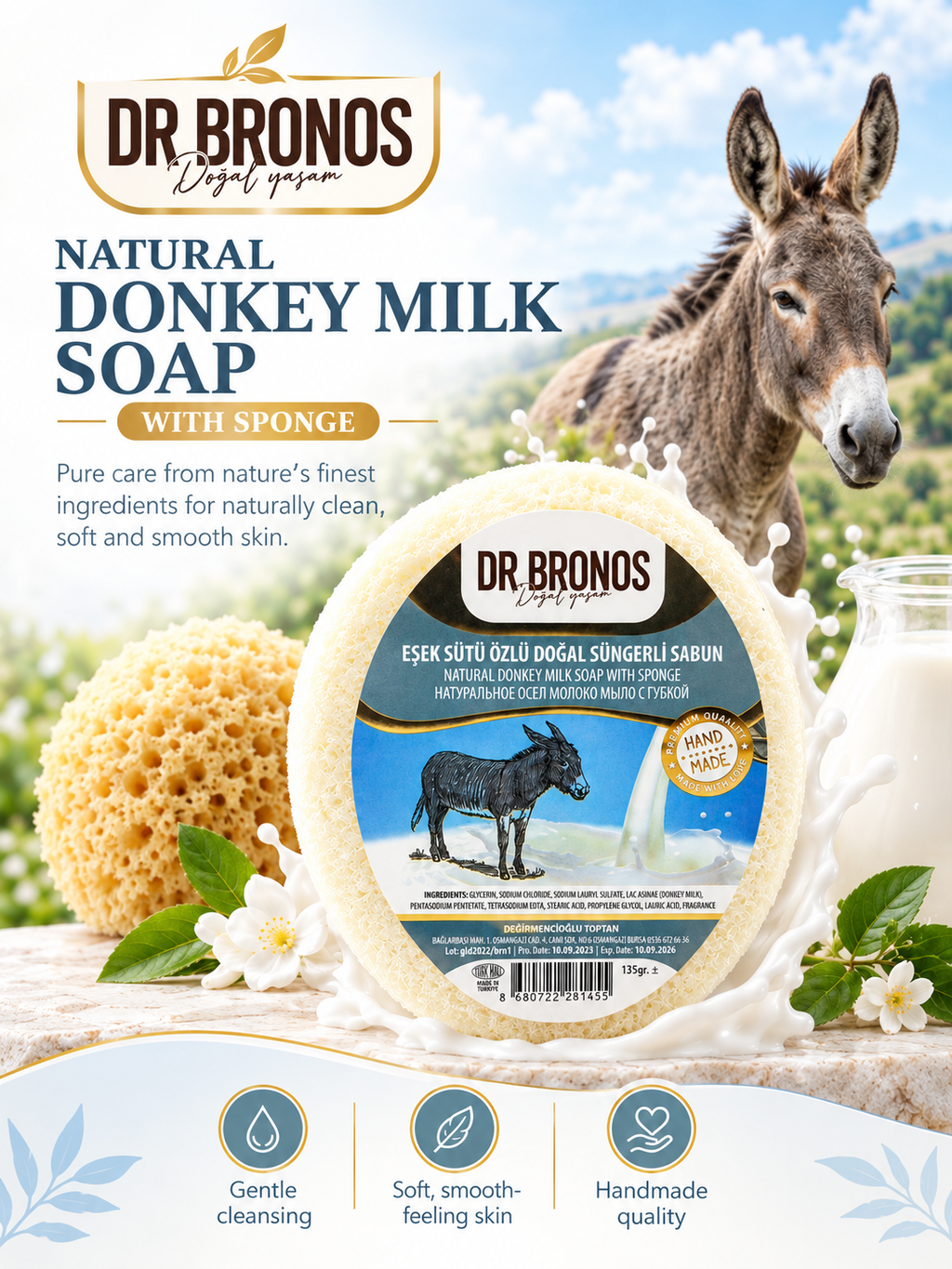 Dr. Bronos Natural Donkey Milk Soap with Sponge, 135gr