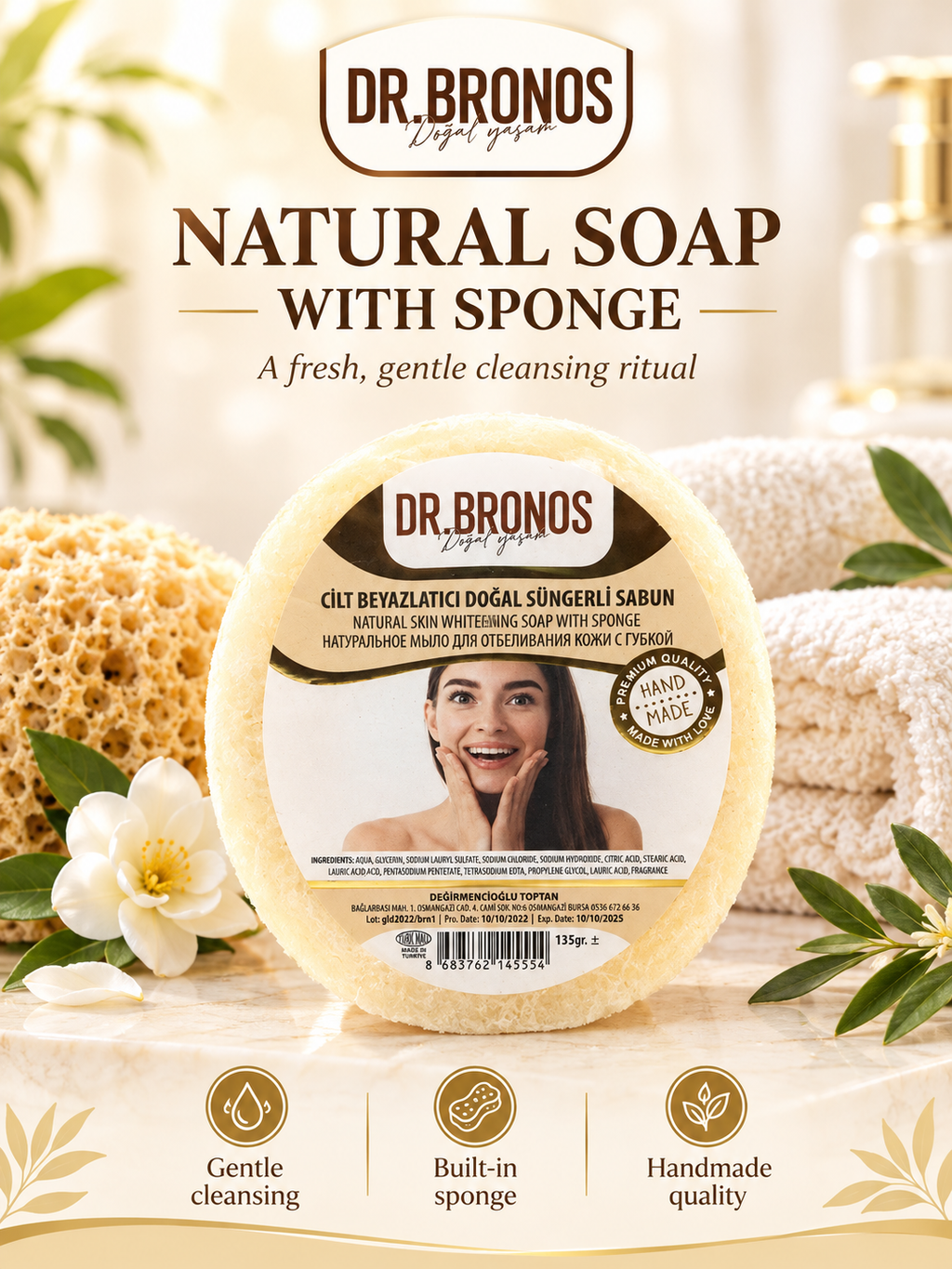 Dr. Bronos Natural Whitening Soap with Sponge, 135gr