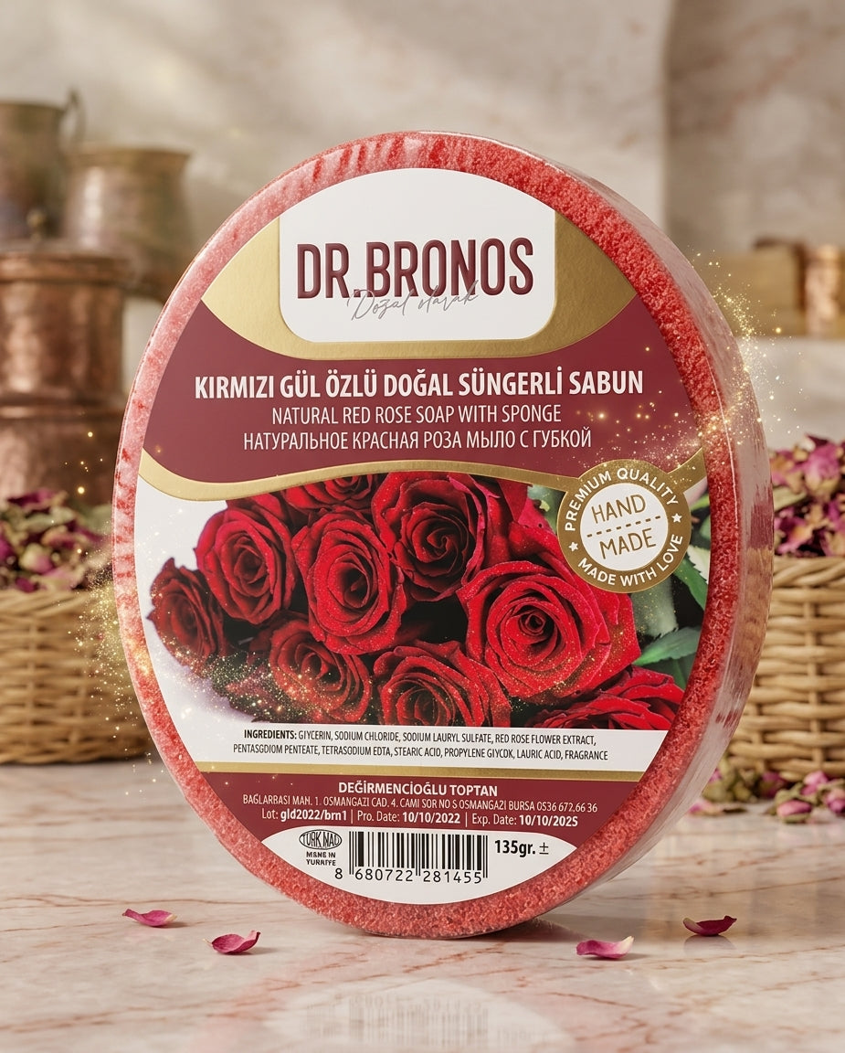 Dr. Bronos Natural Red Rose Soap with Sponge, 135gr