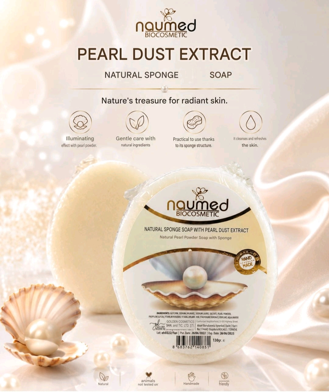 Naumed Biocosmetic Natural Pearl Powder Extract Hand Made Sponge Soap, 135 gr
