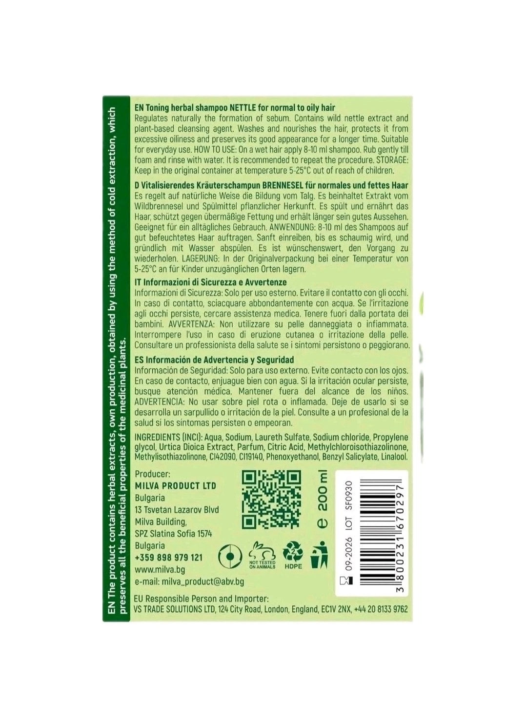 Milva Hair Shampoo with Natural Nettle Extract, 200ml