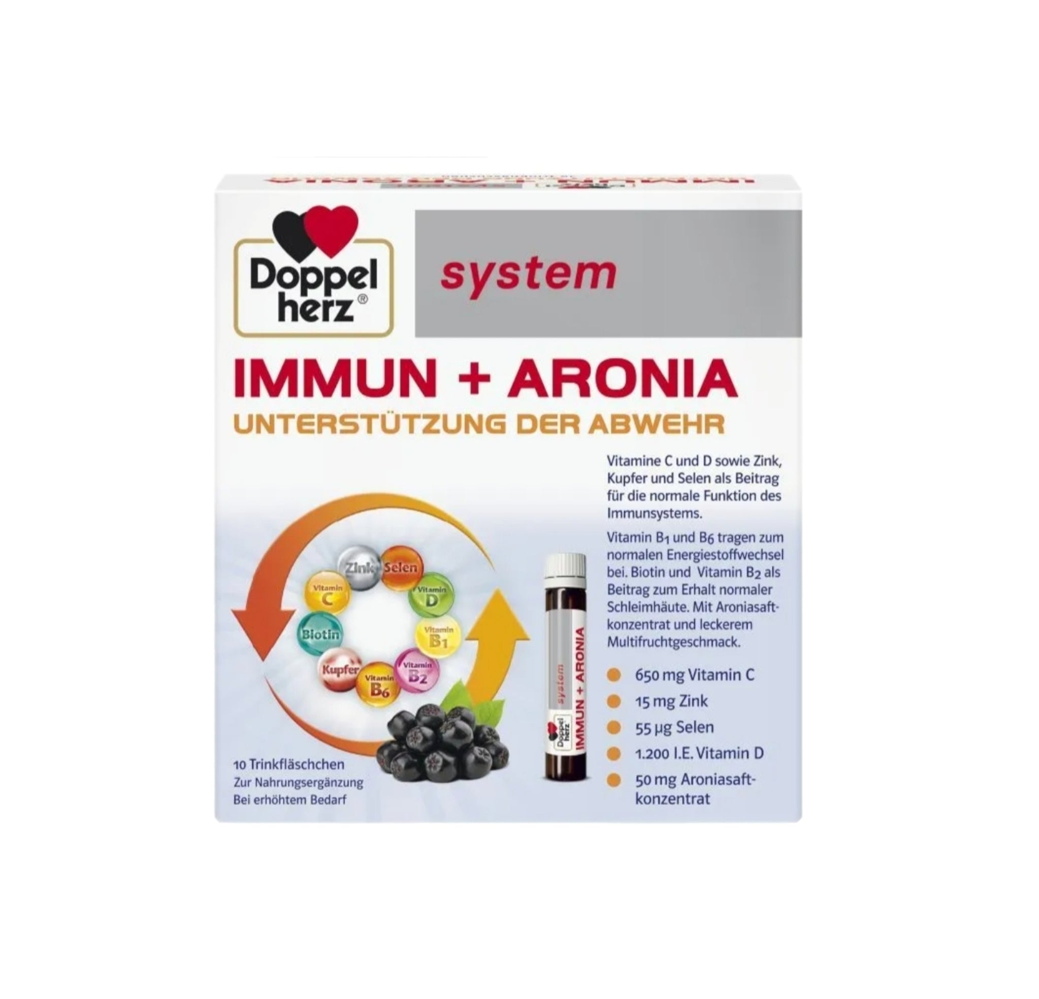 Doppelherz System Immune Aronia Vitamin C & D, Selenium & Zinc for Strong Immunity, 10 vials
