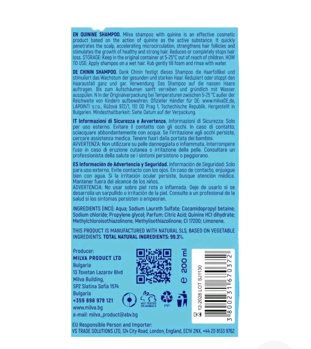 Milva Hair Growth Thickening Shampoo with Natural Quinine Extract,  200ml